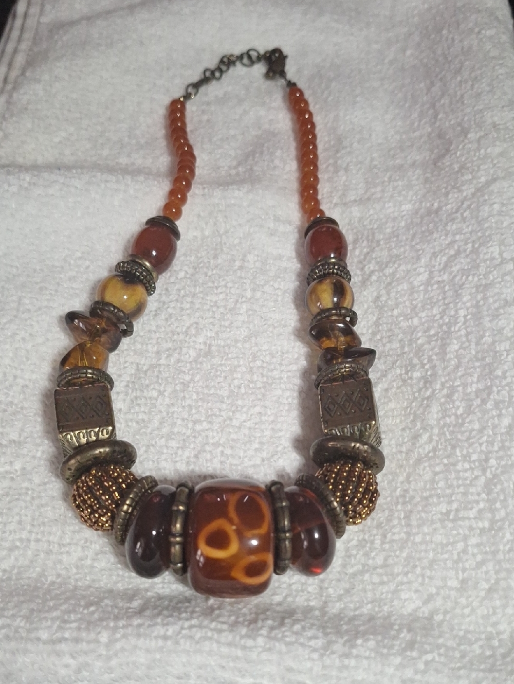 Bohemian Amber Glass Bead Statement Necklace - Brown/Gold